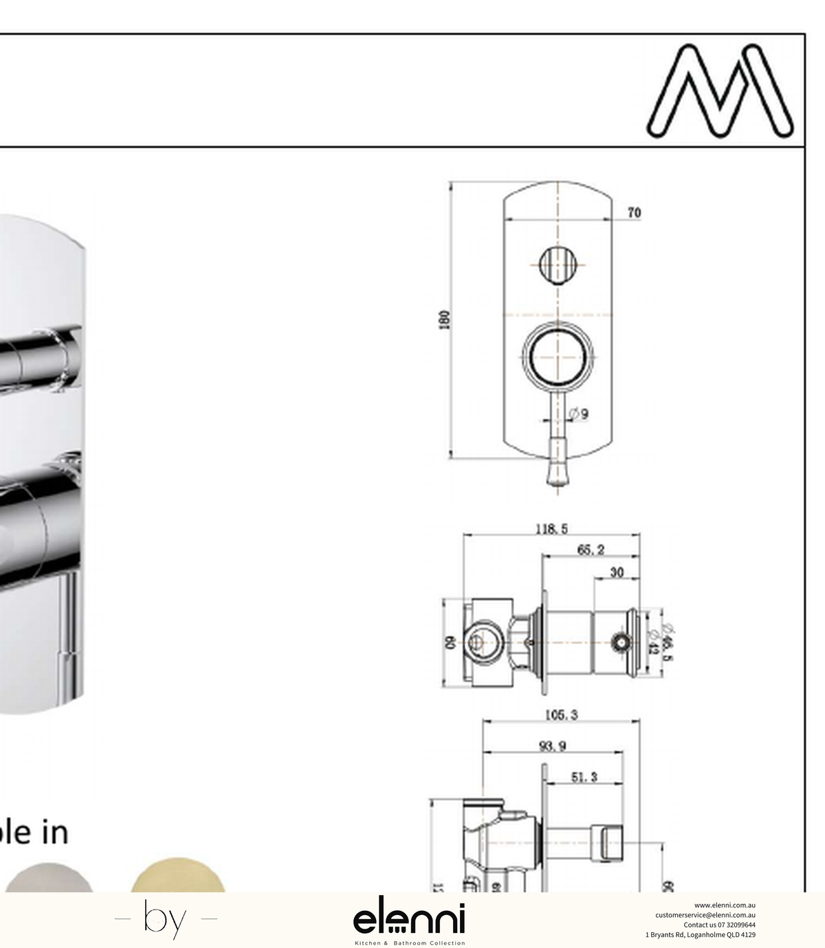 Montpellier Shower Diverter Mixer - Elenni specification drawing