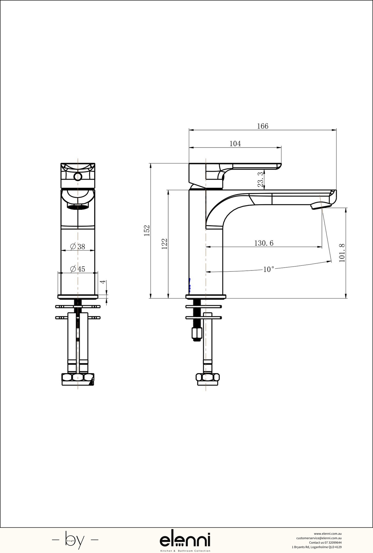 Nova Basin Mixer - Elenni specification drawing