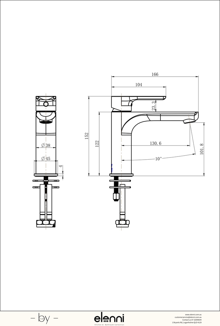 Nova Basin Mixer - Elenni specification drawing