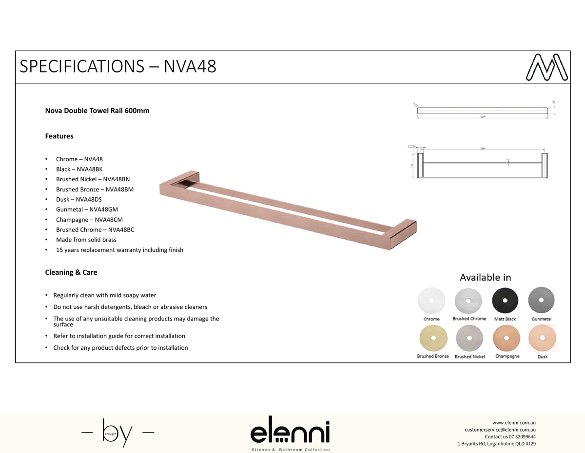Nova Double Towel Rail 600mm - Elenni Kiri specification drawing