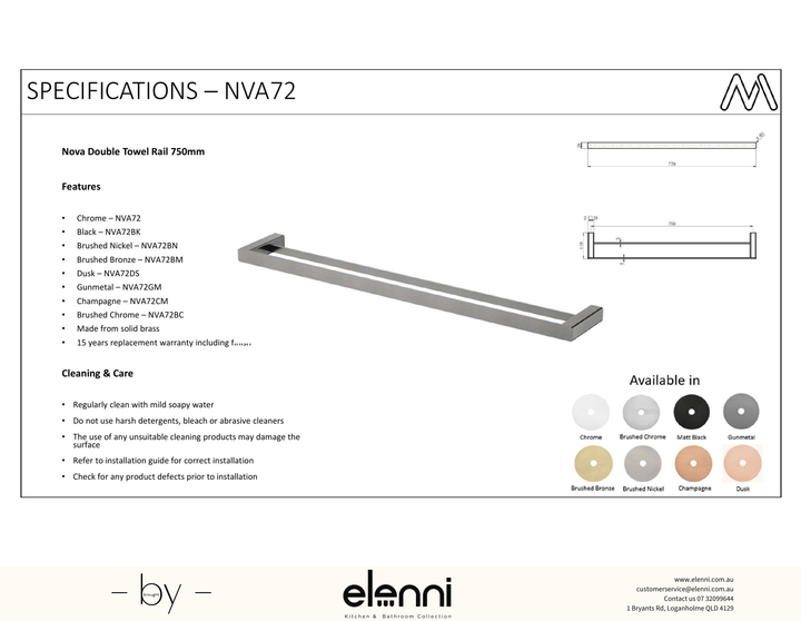 Nova Double Towel Rail 750mm - Elenni Kiri specification drawing