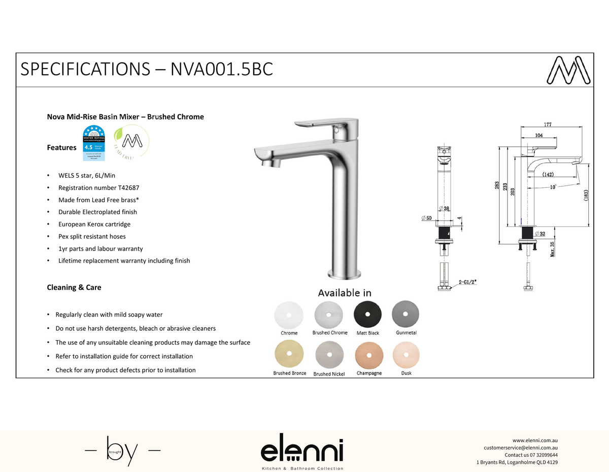 Nova Mid Rise Basin Mixer Spec (Kiri)