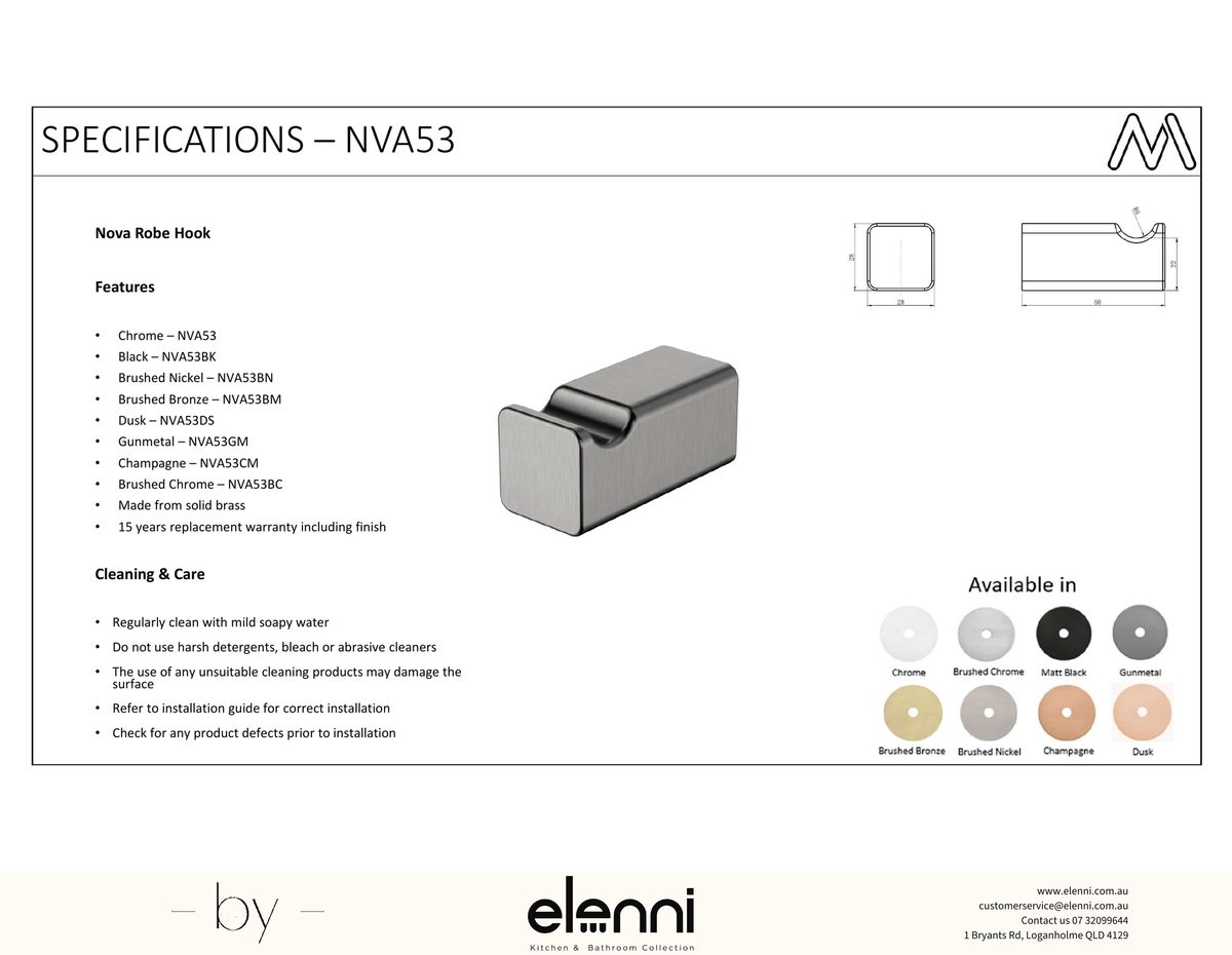 Nova Single Robe Hook - Elenni Kiri specification drawing