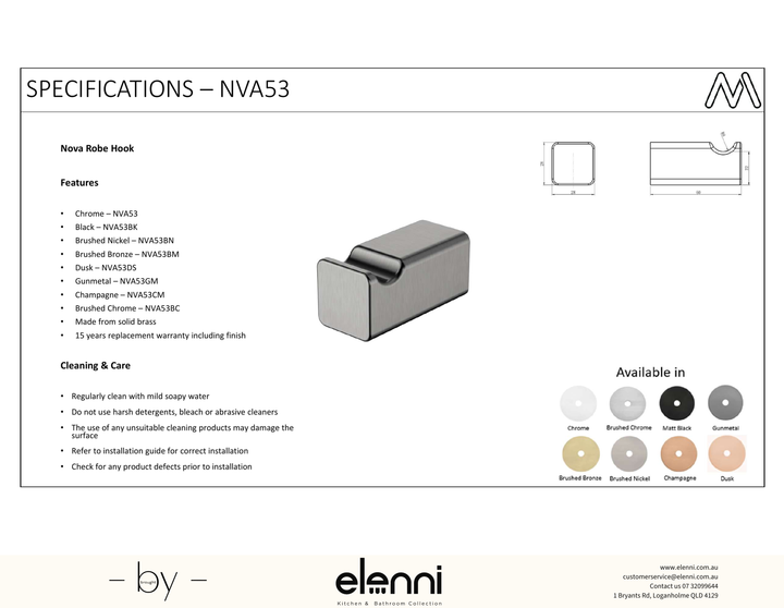 Nova Single Robe Hook - Elenni Kiri specification drawing