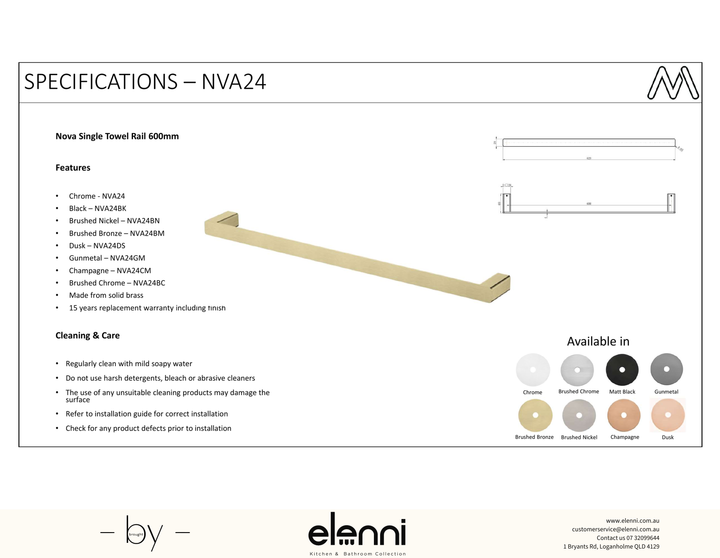 Nova Single Towel Rail 600mm - Elenni Kiri specification drawing