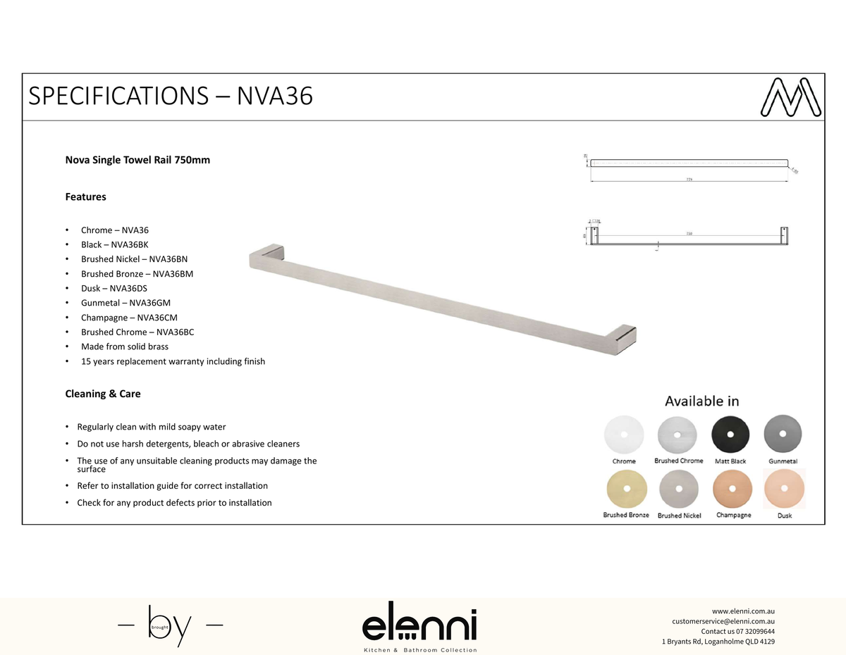 Nova Single Towel Rail 750mm - Elenni Kiri specification drawing