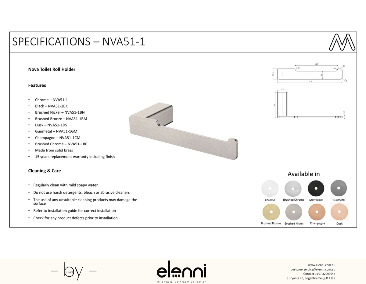 Nova Toilet Paper Holder - Elenni Kiri specification drawing
