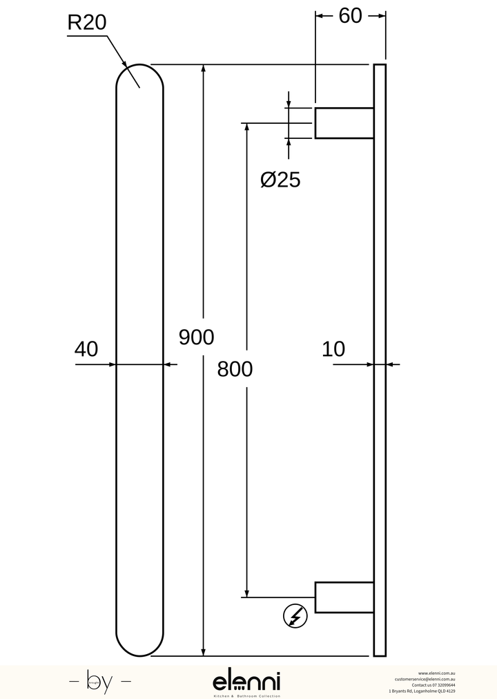 Nova Vertical Heated Towel Rail - Elenni Kiri specification drawing