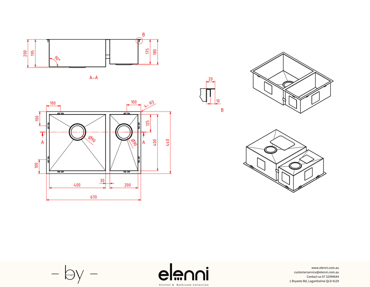 One &amp; Half Bowl Stainless Steel Sink 14L+31L - Elenni specification sheet