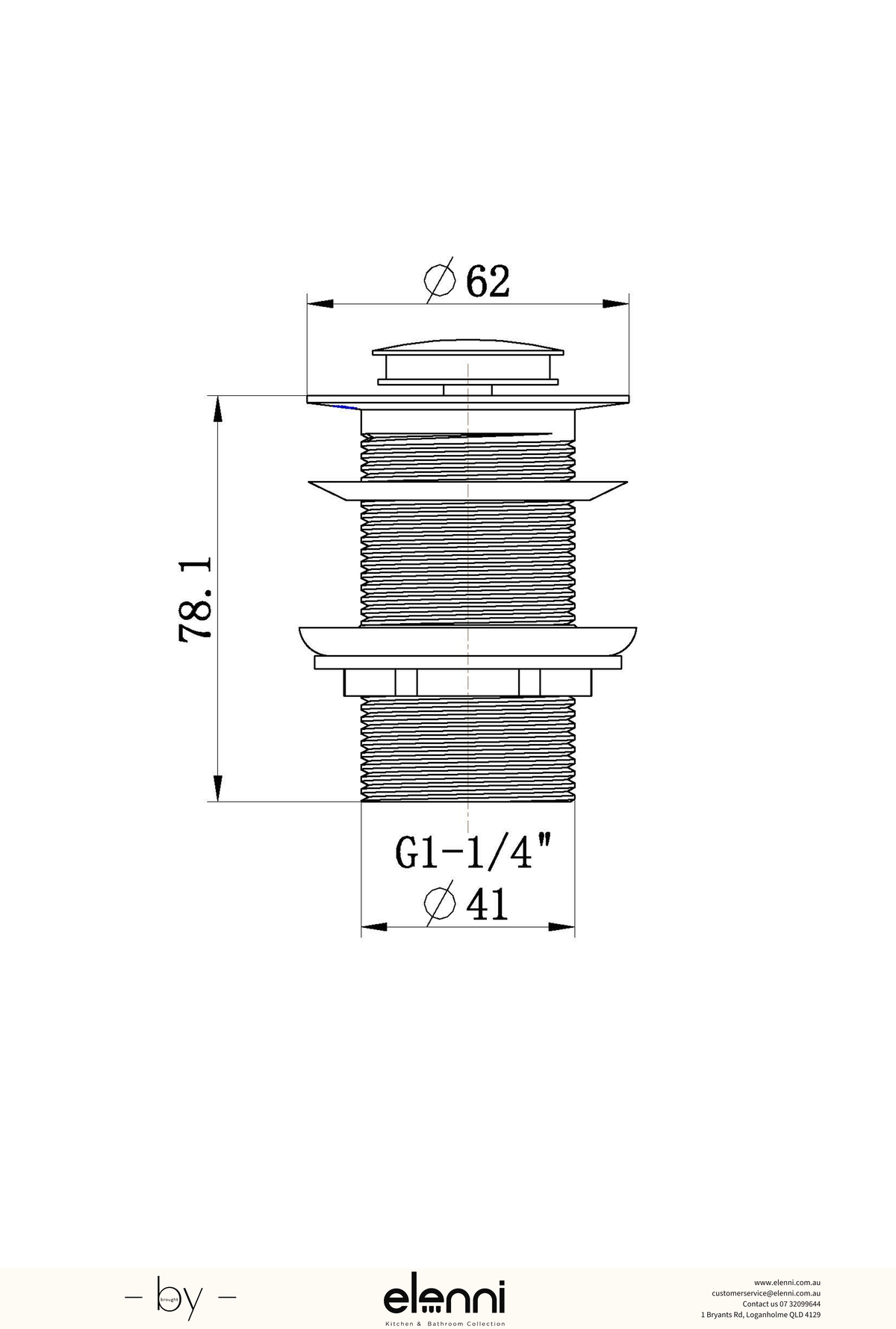 Pop Up Waste 32mm Non-Overflow - Elenni Kiri specification drawing