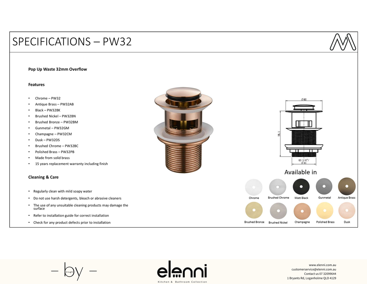 Pop-Up Waste 32mm With Overflow Spec (Kiri)