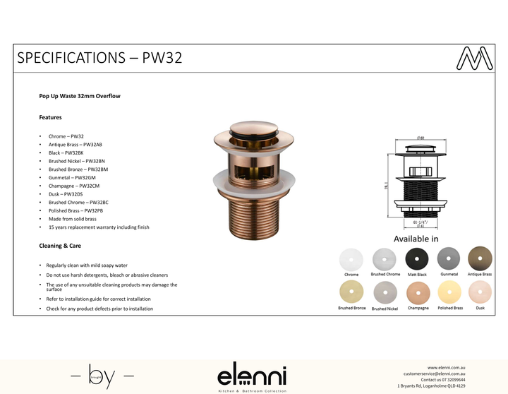 Pop-Up Waste 32mm With Overflow Spec (Kiri)
