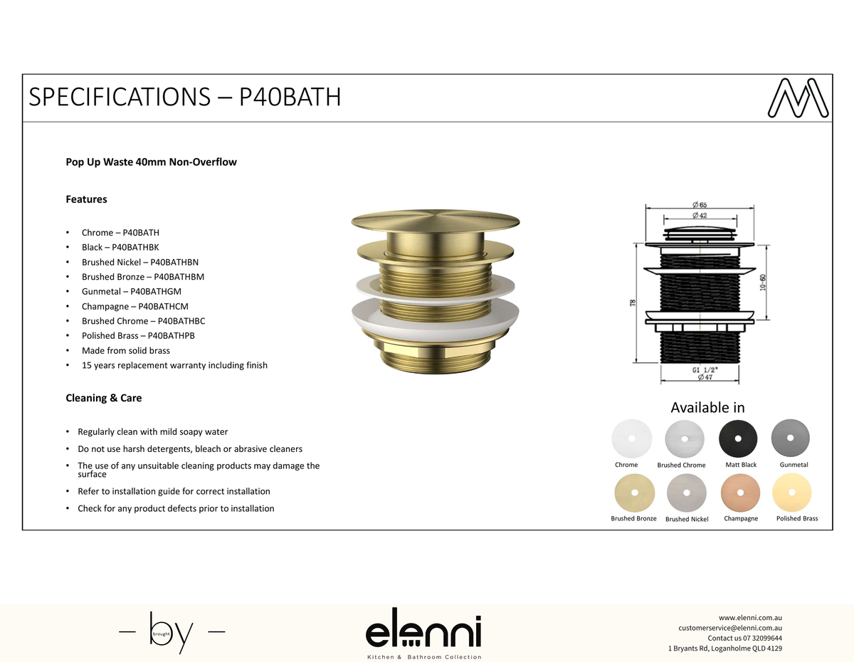 Pop-Up Waste 40mm For Bath - Elenni Kiri specification drawing