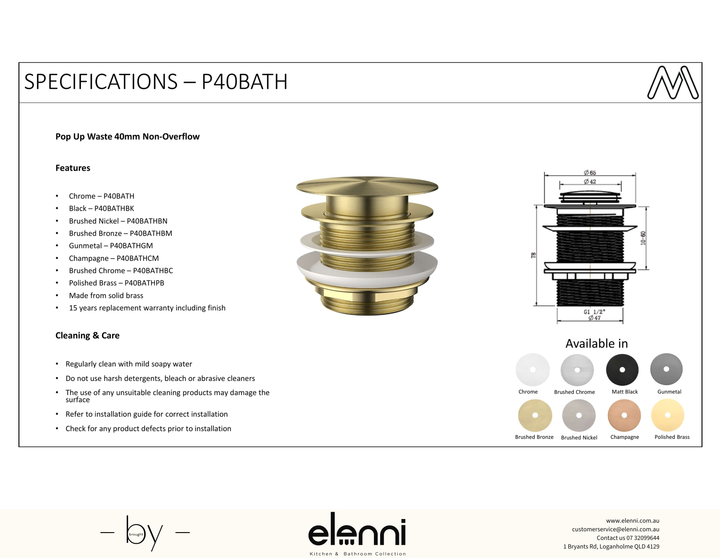 Pop-Up Waste 40mm For Bath - Elenni Kiri specification drawing
