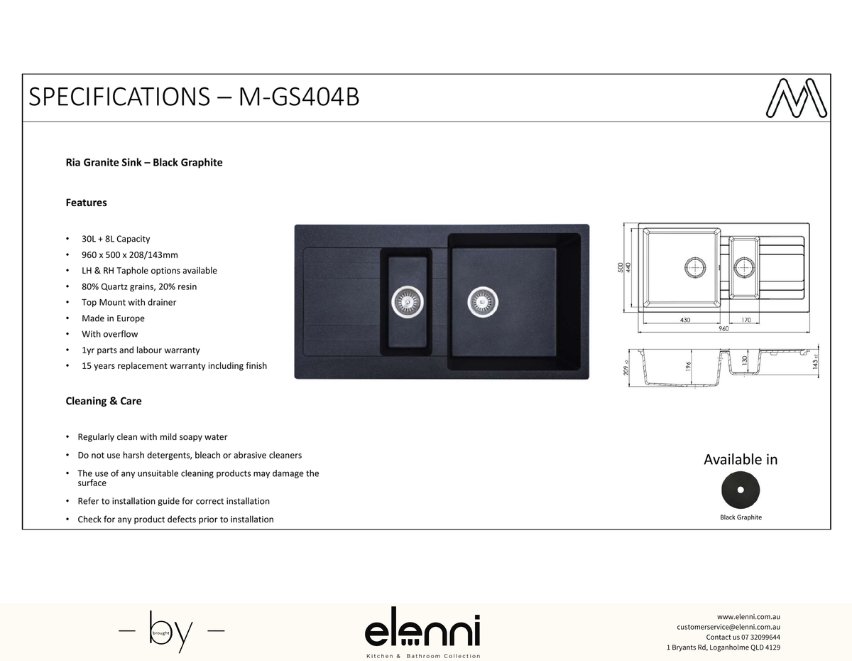 Ria One &amp; Quarter Bowl Granite Sink with Drainer 30L+8L - Elenni specification sheet
