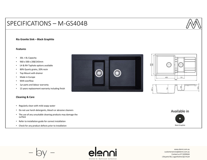Ria One & Quarter Bowl Granite Sink with Drainer 30L+8L - Elenni specification sheet