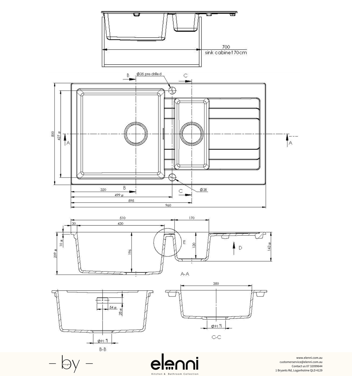 Ria One &amp; Quarter Right Hand Bowl Granite Sink with Drainer 30L+8L - Elenni specification sheet