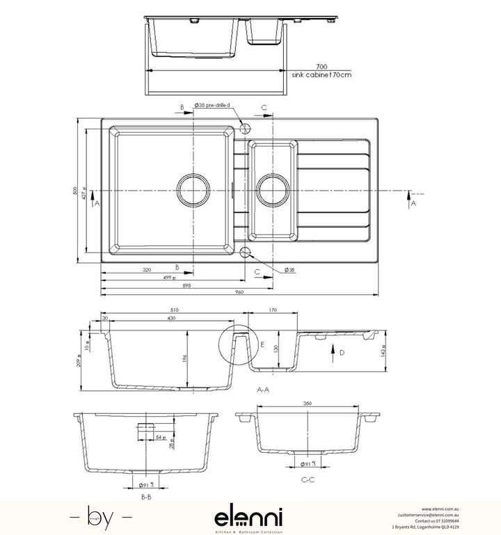 Ria One &amp; Quarter Right Hand Bowl Granite Sink with Drainer 30L+8L - Elenni specification sheet