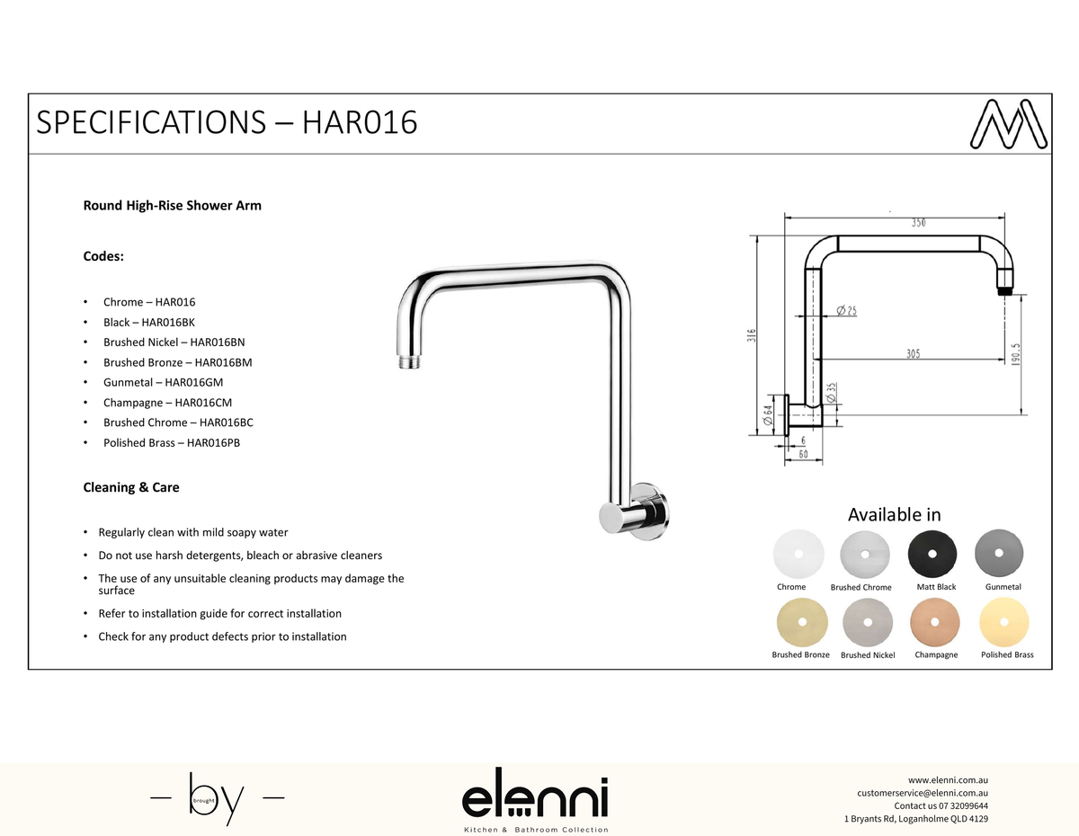 Round High Rise Shower Arm - Elenni Kiri specification drawing