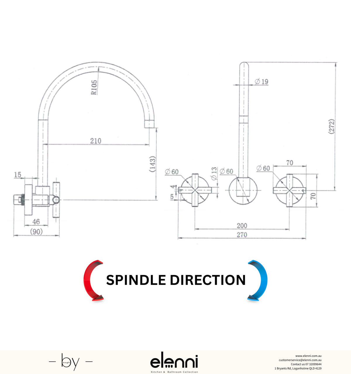 Ryker Wall Sink Set 1/4 Turn - Elenni specification drawing