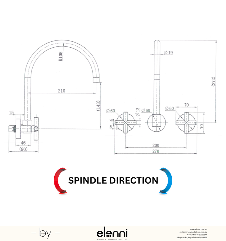 Ryker Wall Sink Set 1/4 Turn - Elenni specification drawing
