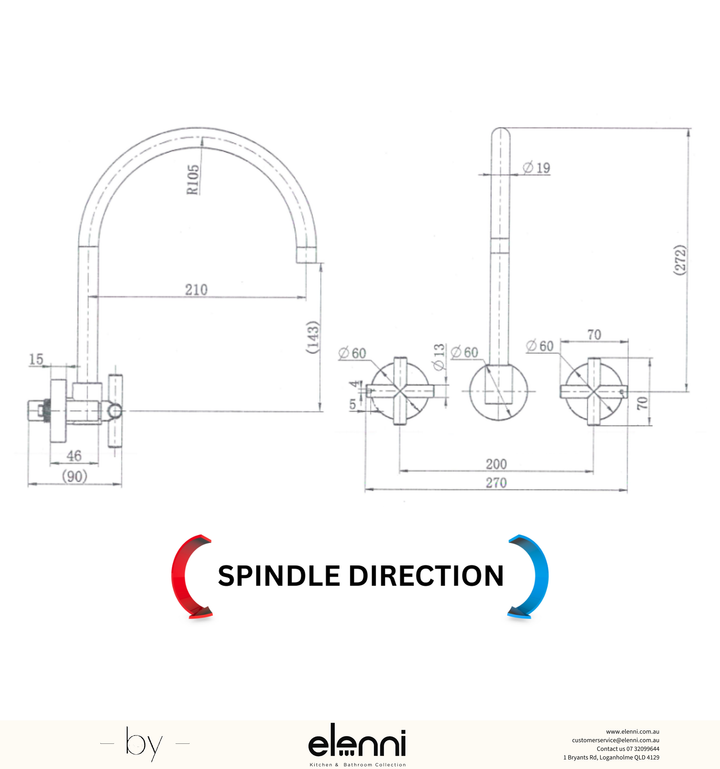 Ryker Wall Sink Set 1/4 Turn - Elenni specification drawing