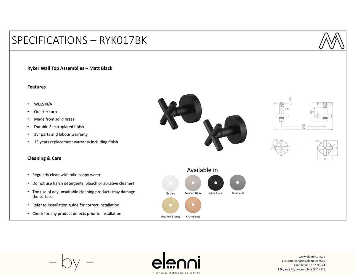 Ryker Wall Stop Assemblies 1/4 Turn - Elenni Kiri specification drawing