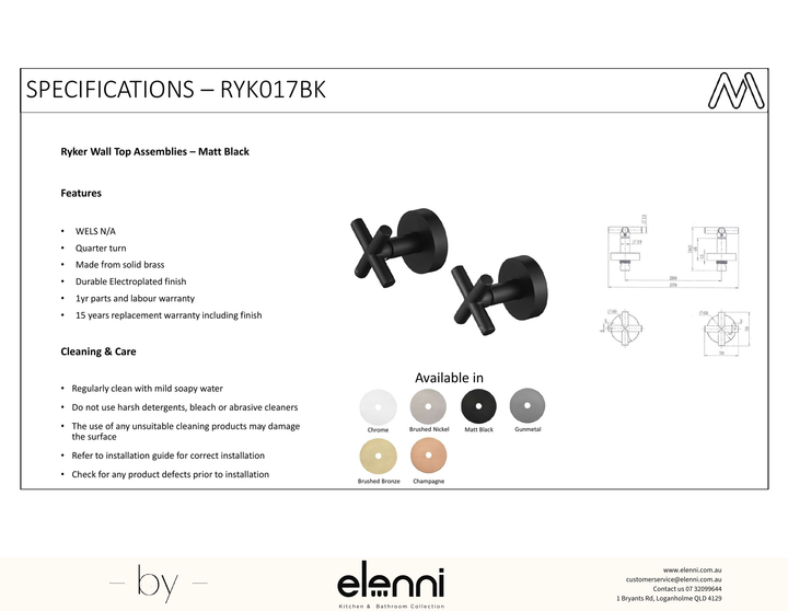 Ryker Wall Stop Assemblies 1/4 Turn - Elenni Kiri specification drawing