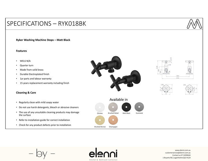 Ryker Washing Machine Stops 1/4 Turn - Elenni Kiri specification drawing