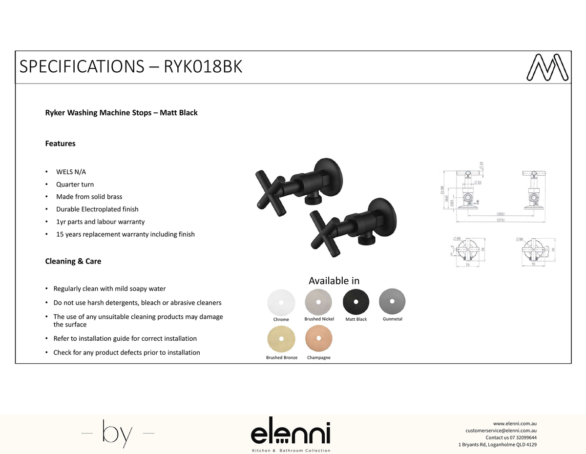 Ryker Washing Machine Stops 1/4 Turn - Elenni Kiri specification drawing