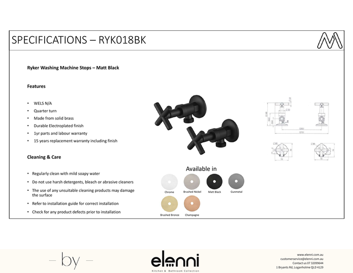 Ryker Washing Machine Stops 1/4 Turn - Elenni Kiri specification drawing