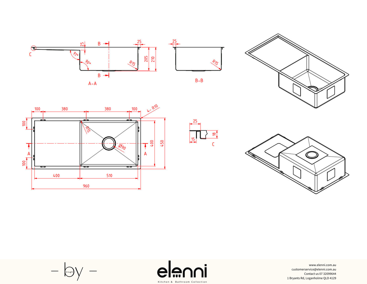 Single Bowl Stainless Steel Sink 44L - Elenni specification sheet