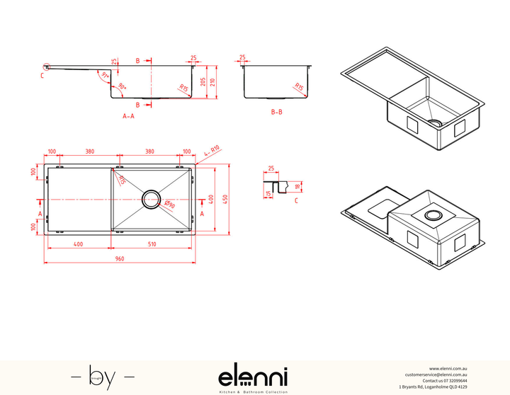 Single Bowl Stainless Steel Sink 44L - Elenni specification sheet