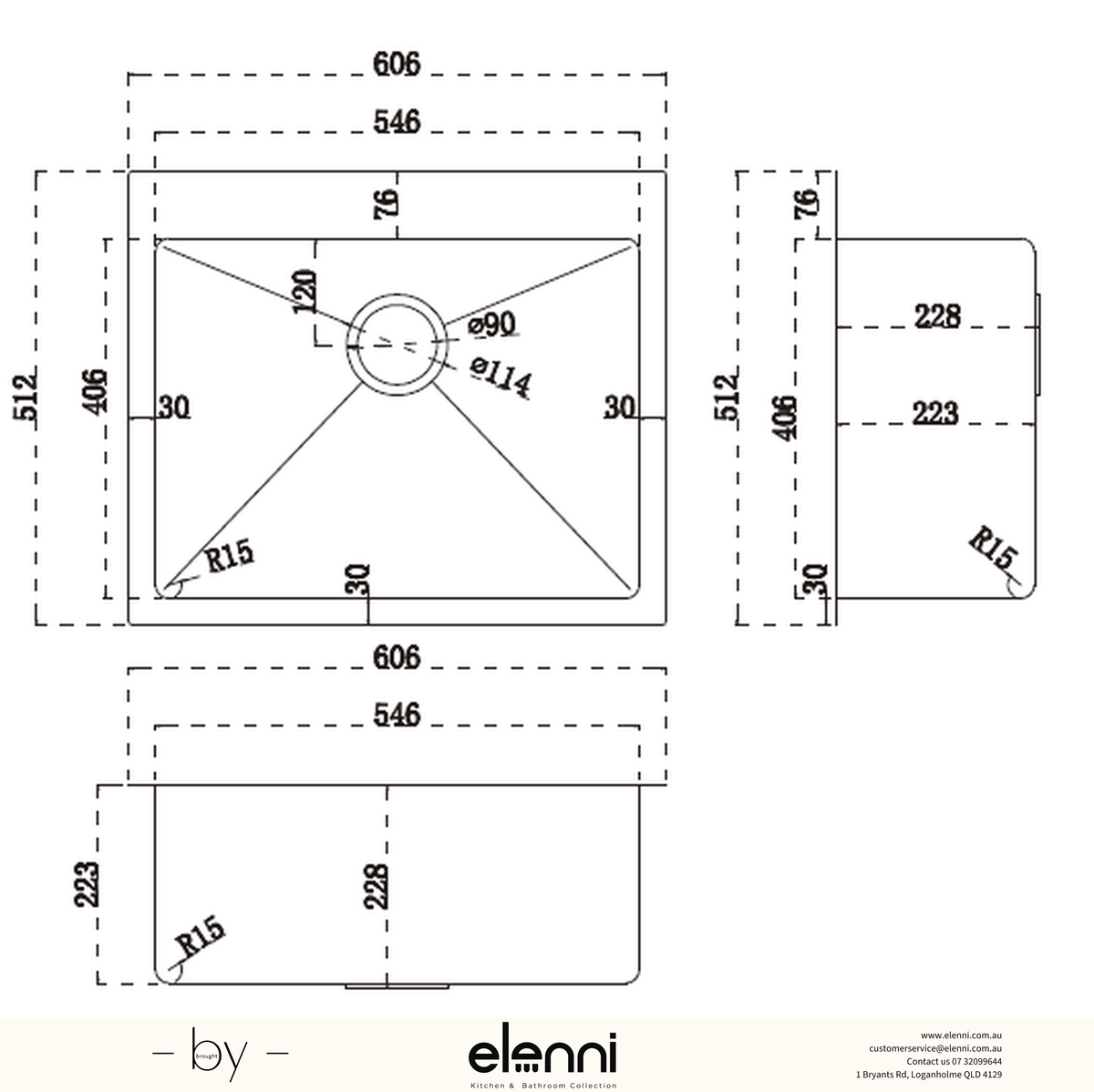 Single Bowl Stainless Steel Sink 49L - Elenni specification sheet
