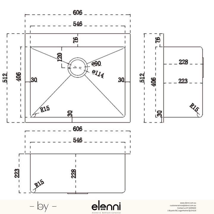 Single Bowl Stainless Steel Sink 49L - Elenni specification sheet