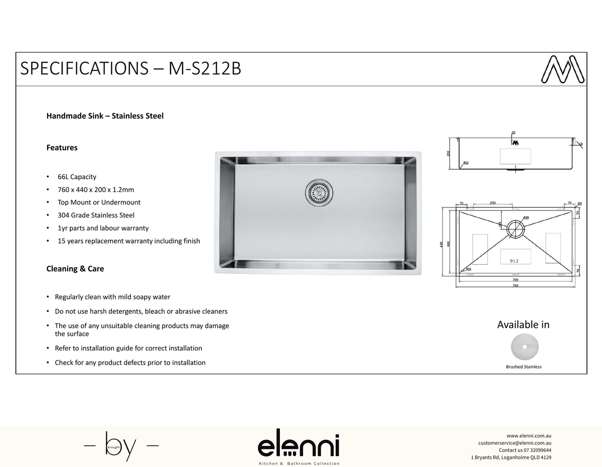 Single Bowl Stainless Steel Sink 66L - Elenni specification sheet