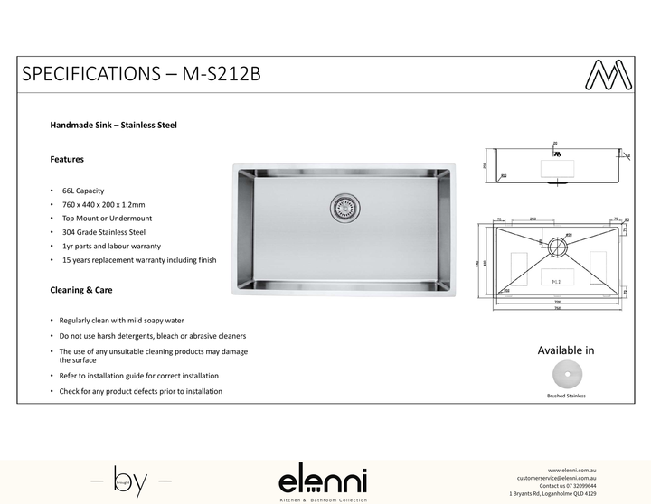 Single Bowl Stainless Steel Sink 66L - Elenni specification sheet