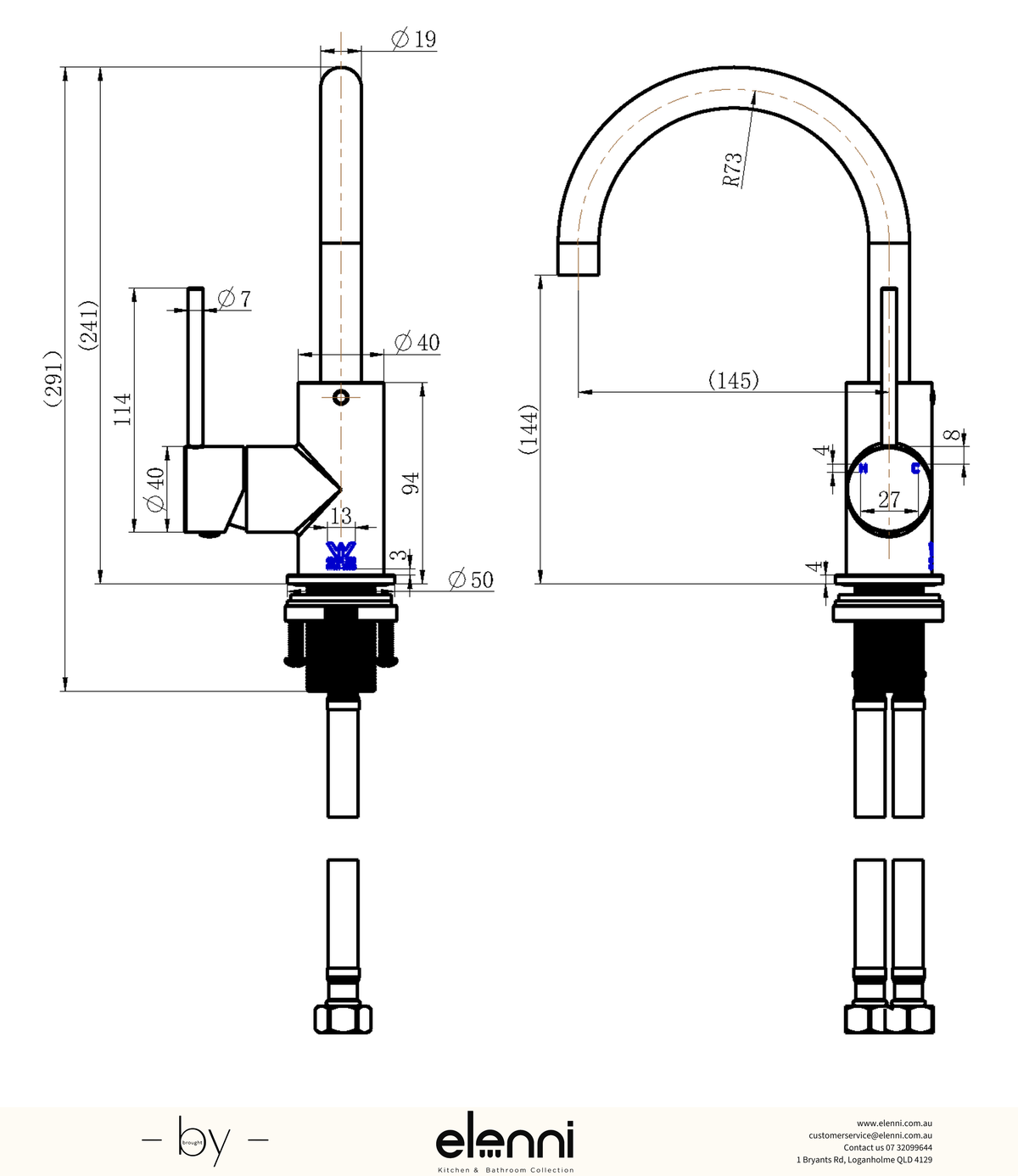 Star Mini Basin/Kitchen Mixer - Elenni specification drawing