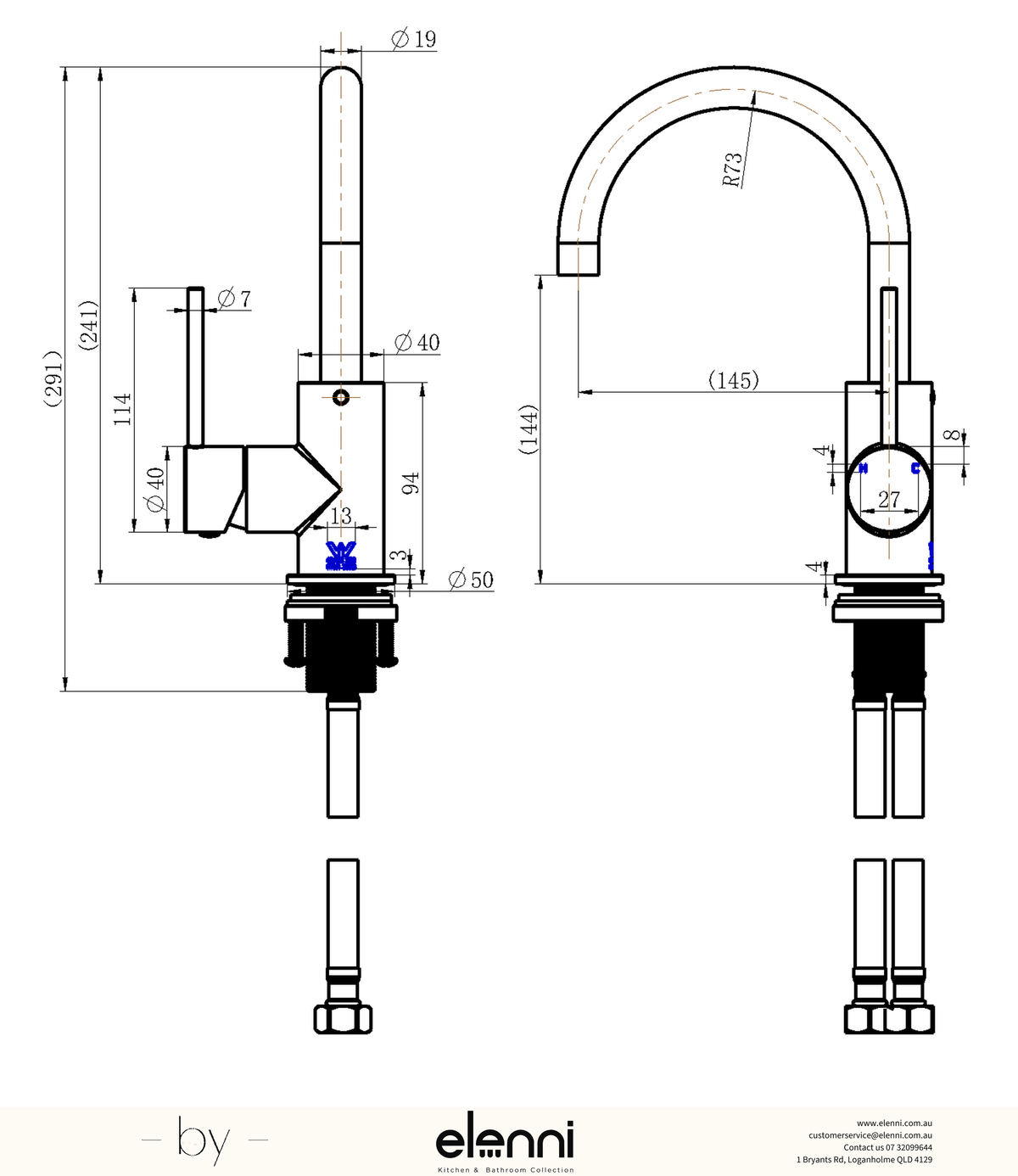 Star Mini Basin/Kitchen Mixer - Elenni specification drawing