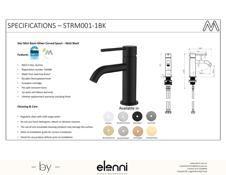 Star Mini Basin Mixer Curved Spout Spec (Kiri)
