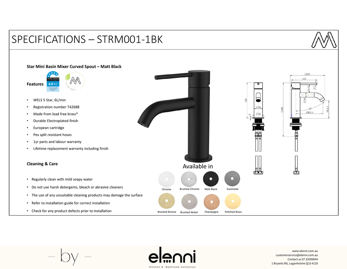 Star Mini Basin Mixer Curved Spout Spec (Kiri)