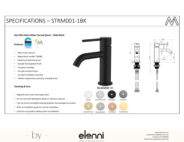 Star Mini Basin Mixer Curved Spout Spec (Kiri)