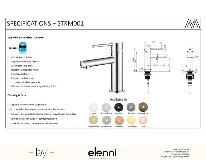 Star Mini Basin Mixer - Elenni specification drawing