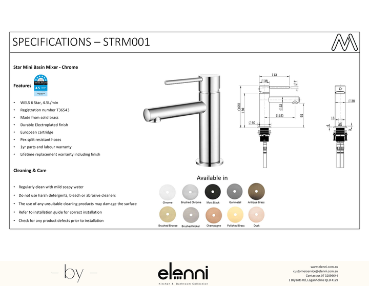 Star Mini Basin Mixer - Elenni specification drawing