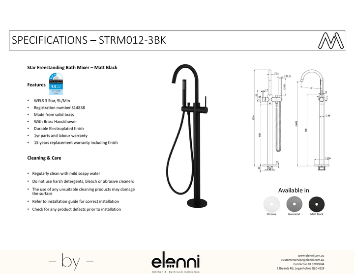 Star Mini Freestanding Bath Mixer With Hand Shower Spec (Kiri)