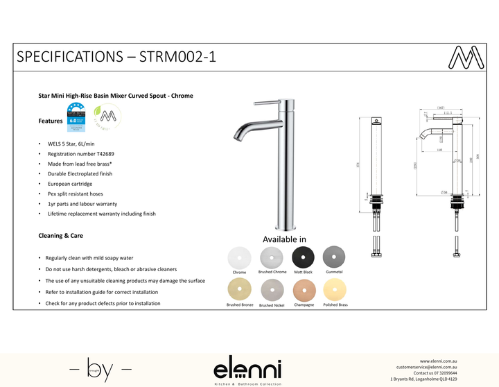 Star Mini High Rise Basin Mixer Curved Spout - Elenni Kiri specification drawing