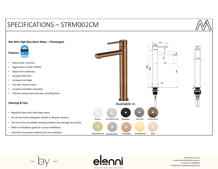 Star Mini High Rise Basin Mixer Spec (Kiri)