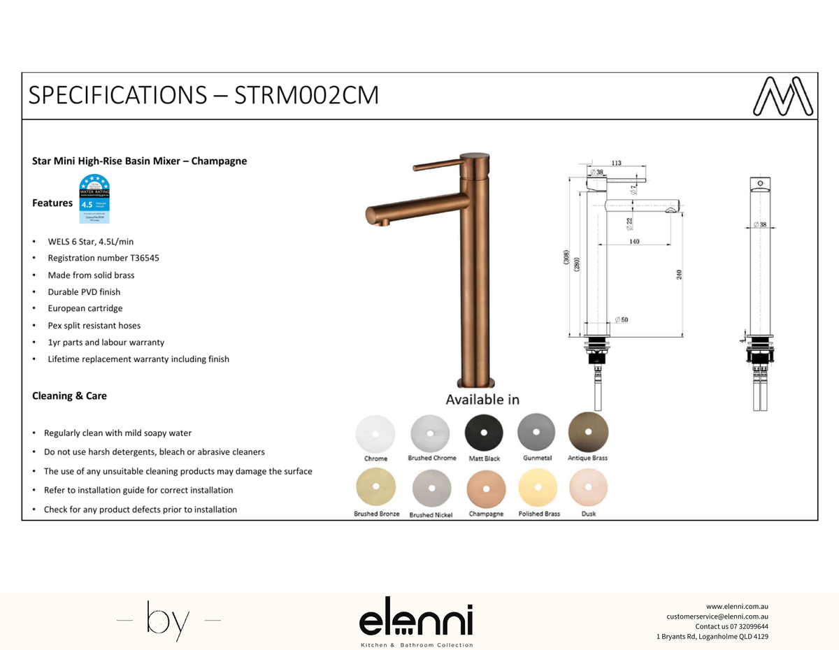 Star Mini High Rise Basin Mixer Spec (Kiri)
