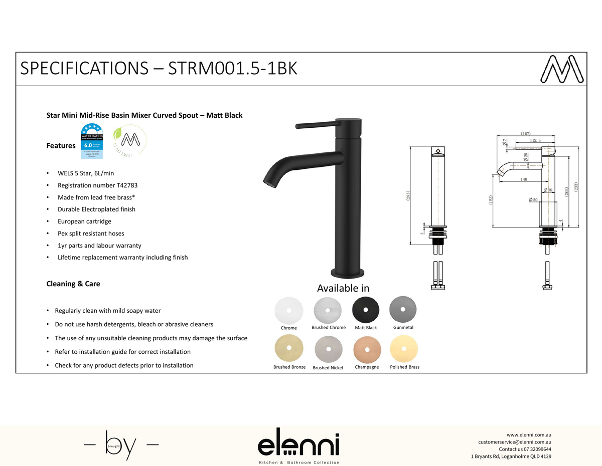 Star Mini Mid-Rise Basin Mixer Curved Spout - Elenni Kiri specification drawing