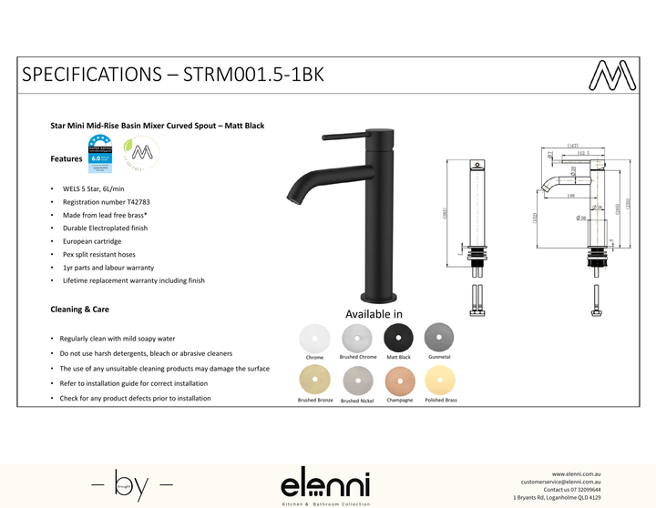 Star Mini Mid-Rise Basin Mixer Curved Spout - Elenni Kiri specification drawing